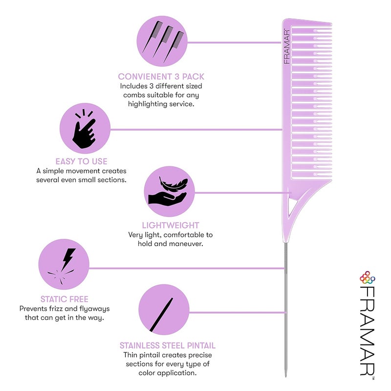 framar Dreamweaver Highlight Comb Set - Professional Highlighting Comb With Parting Tip, Hair Dye Comb, Foiling Combs For Highlighting, Highlight Combs For Highlighting – 3 Pack Pastel - Image 4